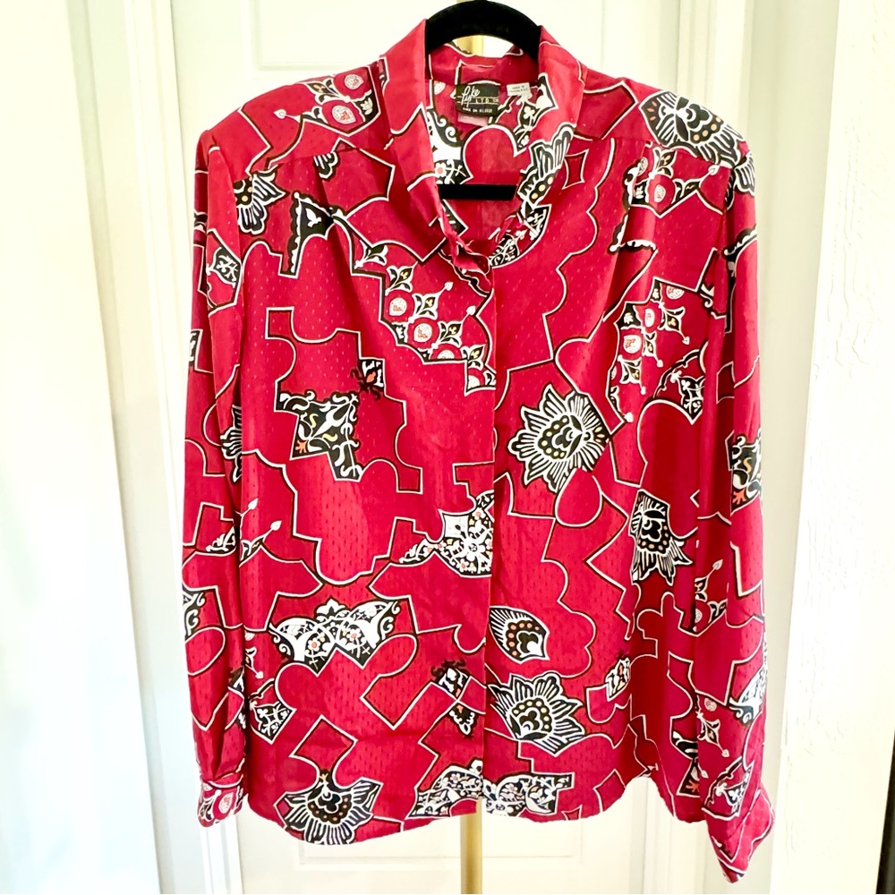90s Vintage Black Red Liquid Satin Top XL Mob Wife Office Maximalist Geometric